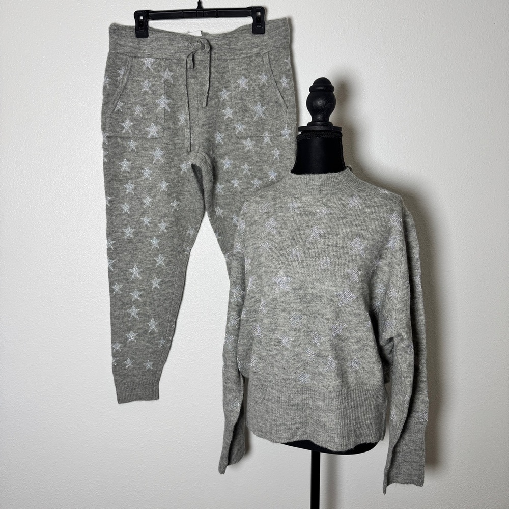 Ann Taylor Star Sweater Jogger Lounge Set Gray Metallic Wool Blend NWT L